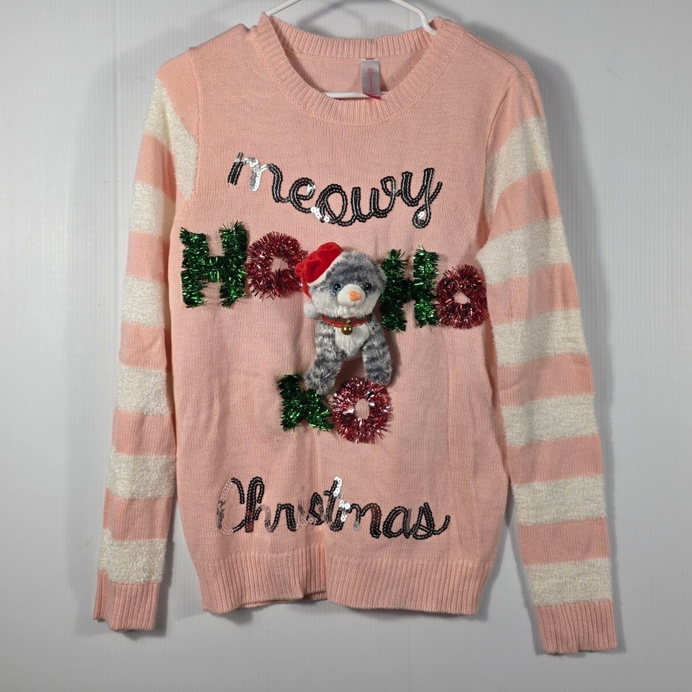 No Boundaries Meowy Christmas Pink Cat 3D Plush Ugly Sweater NJ48T290N L 11-13